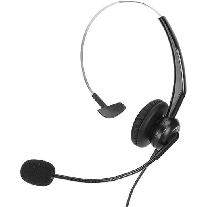 Casti mono cu fir si microfon K0588-CJ-260911-4124, 180° rotative, banda reglabila, anulare zgomot microfon, difuzoare HD wideband, negru