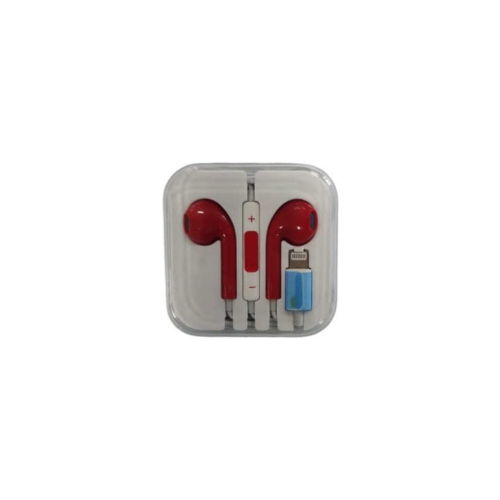 Casti cu fir, Mega Bass, control volum pe fir, conectare Lightning, compatibil cu iphone 7 / 8 / 8 Plus / X, Rosu