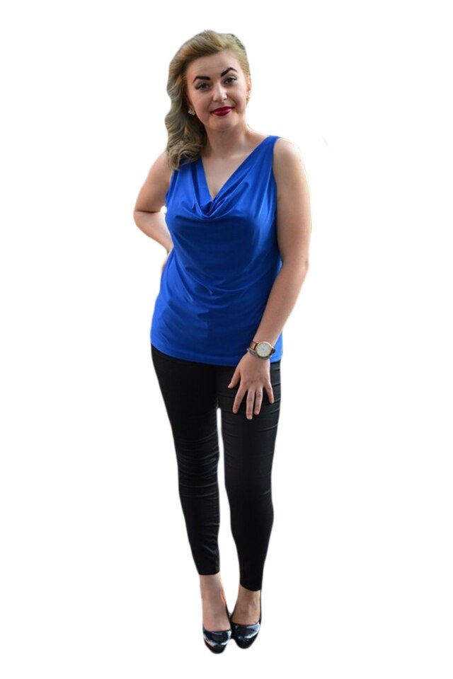 Bluza cu model simplist si decolteu cascada, D&J Exclusive, Albastru