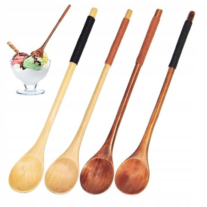 Set 4 Linguri din Lemn Naturale, 20cm, Maner Lung, pentru Cafea, Ceai, Supa
