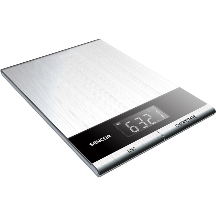 Sencor SKS 5305 Konyhai mérleg, Ultra Slim Design, LCD kijelző, terhelhetőség 5 kg, 4 szenzor a pontosabb mérésért, 1 g-os pontosság, ezüst