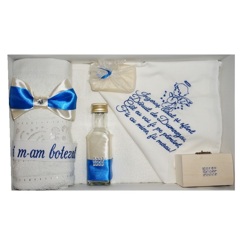 Trusou pentru botez, 7 piese, brodat cu rugaciune si ingeras, Little Angel, albastru