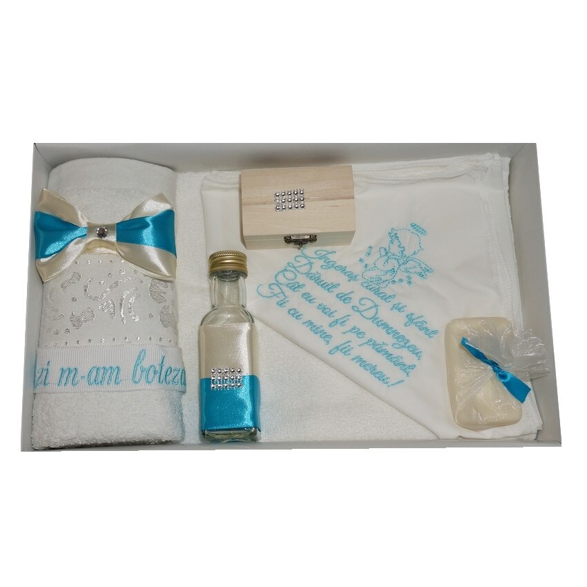Trusou pentru botez, 7 piese, brodat cu rugaciune si ingeras, Little Angel, albastru azuriu