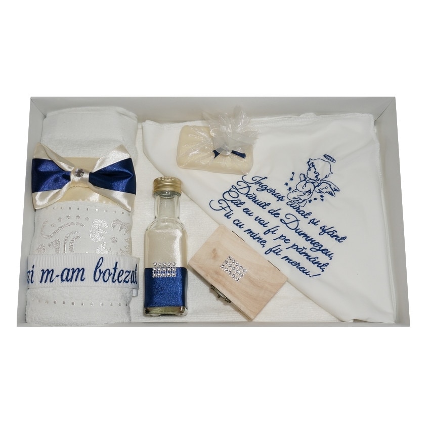 Trusou pentru botez, 7 piese, brodat cu rugaciune si ingeras, Little Angel, bleumarin