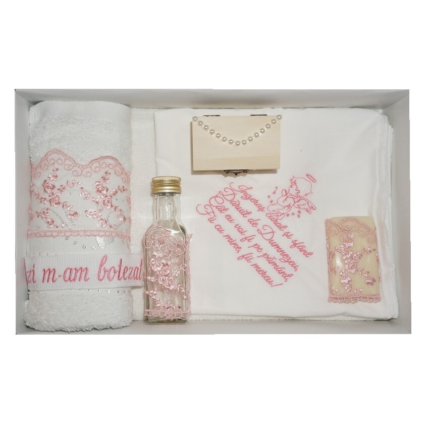 Trusou pentru botez, 7 piese, brodat cu rugaciune si ingeras, Little Angel, roz prafuit