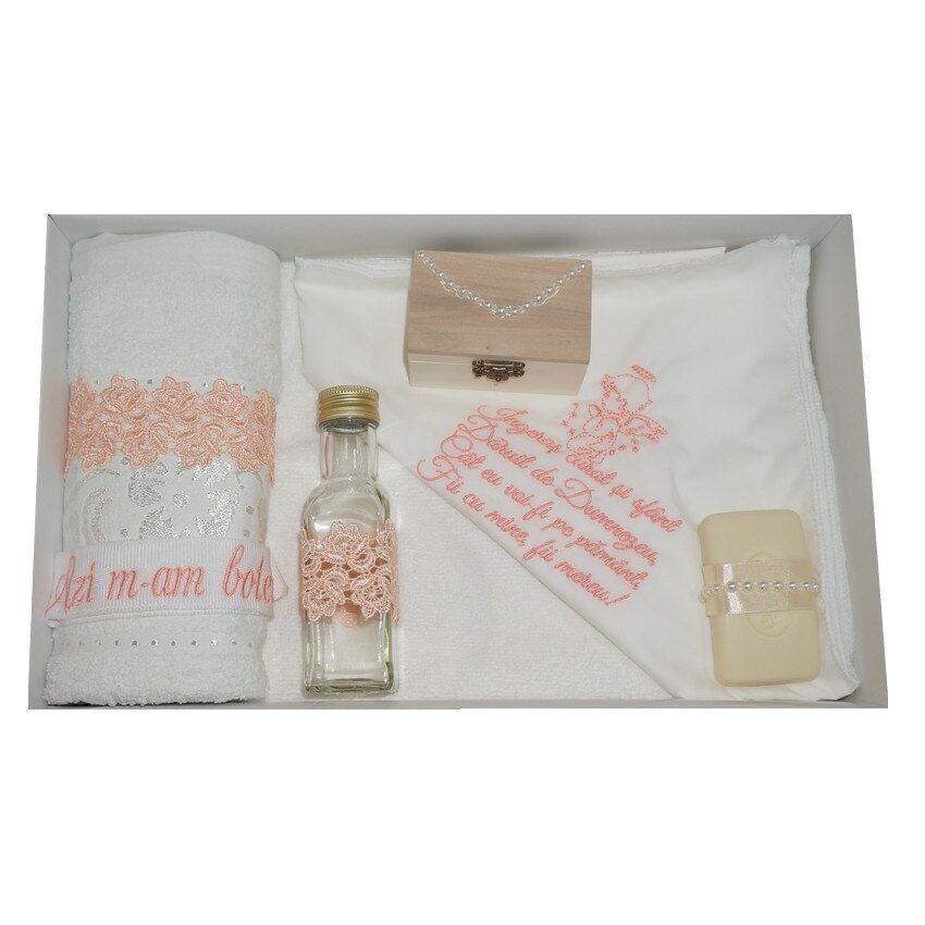 Trusou pentru botez, 7 piese, brodat cu rugaciune si ingeras, Little Angel, somon