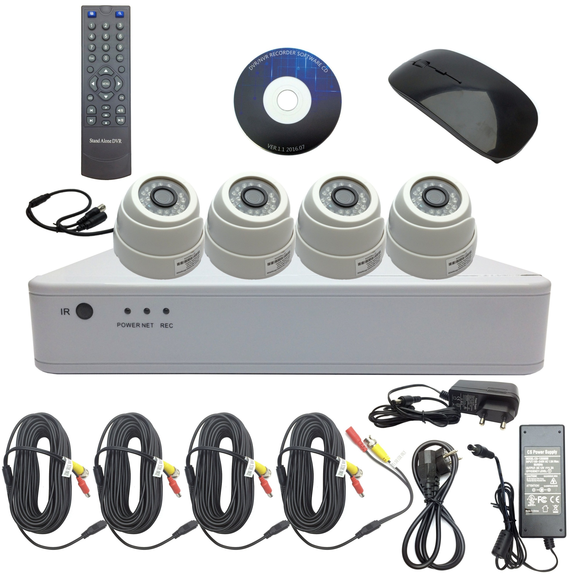 Kit 4 camere dome 2.0MP + DVR 8 canale 1080 H, include sursa de alimentare, cabluri, spliter, mouse wireless si telecomanda