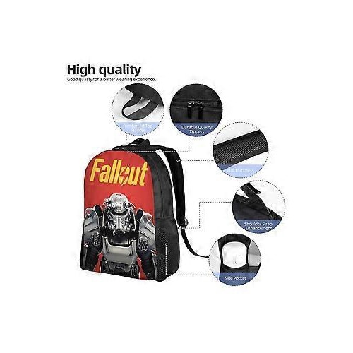 Rucsac din poliester 600D Oxford cu print Fallout, compartiment pentru laptop 15 inch, bretele captusite reglabile, rosu/negru