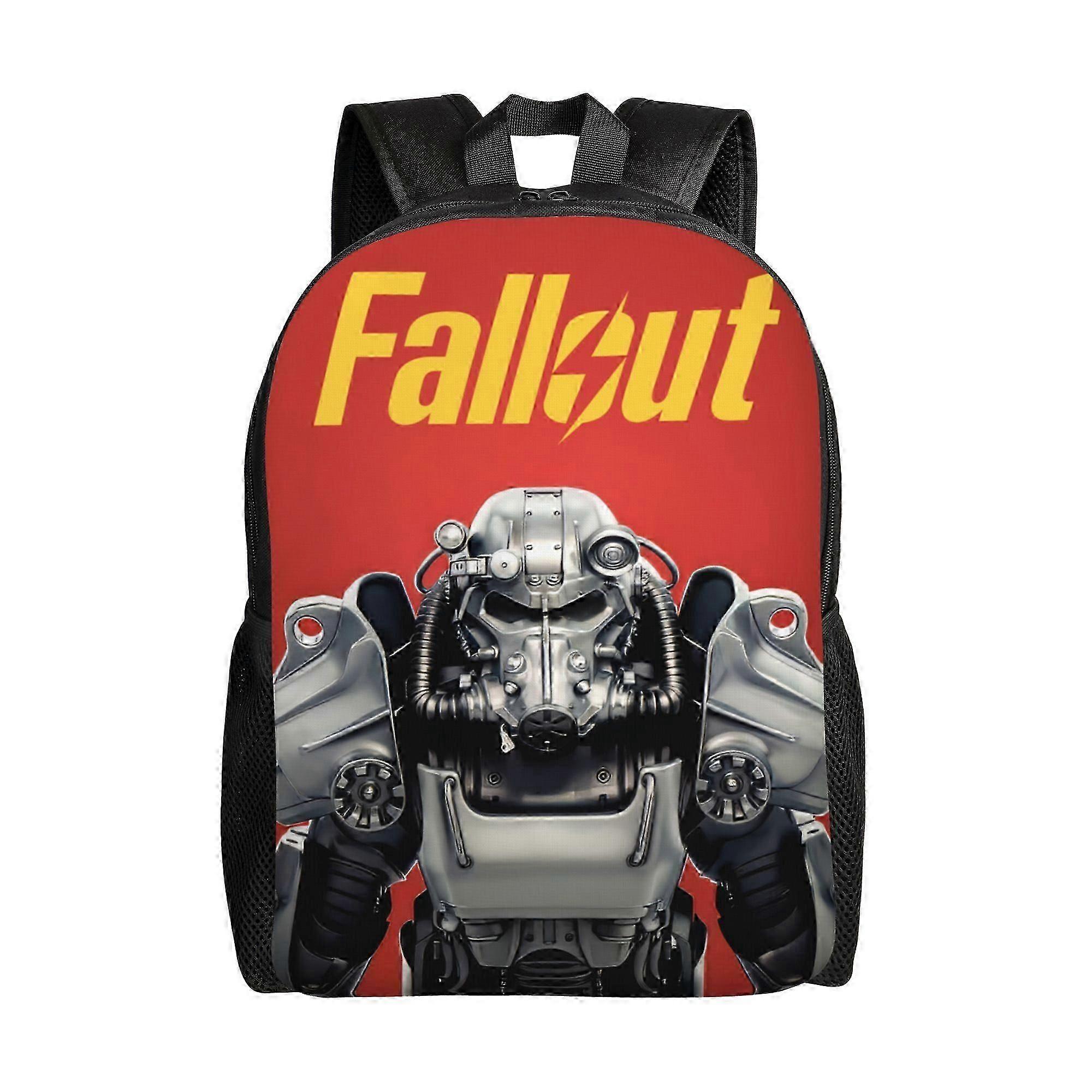 Rucsac din poliester 600D Oxford cu print Fallout, compartiment pentru laptop 15 inch, bretele captusite reglabile, rosu/negru