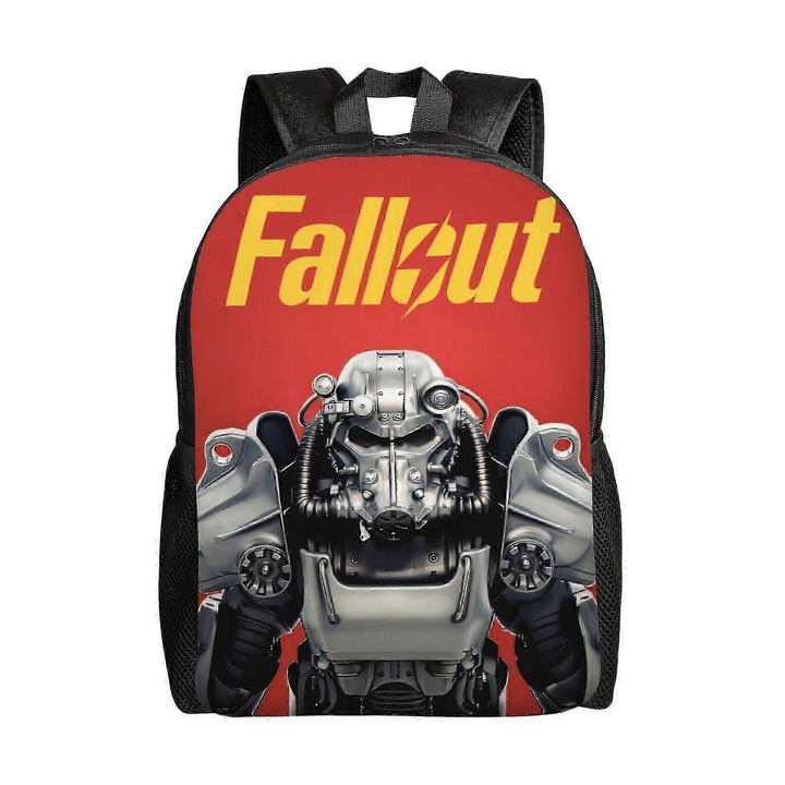 Rucsac din poliester 600D Oxford cu print Fallout, compartiment pentru laptop 15 inch, bretele captusite reglabile, rosu/negru