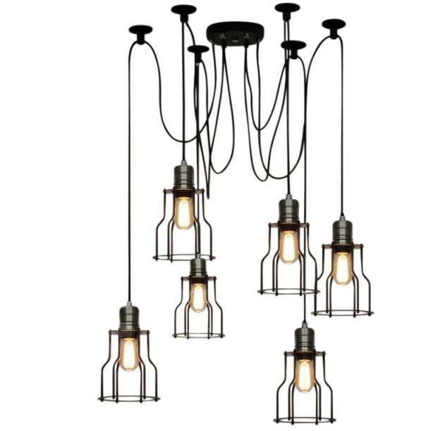 Lustra Rida de tip spyder cu 6 brate, cage design, lungime fir 180 cm, stil vintage, Maison M