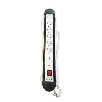Prelungitor cu protectie supratensiune 5m Full Electric, 6 prize Schuko, intrerupator, protectie copii, alb cu negru Prelungitor cu protectie supratensiune 5m Full Electric, 6 prize Schuko, intrerupator, protectie copii, alb cu negru