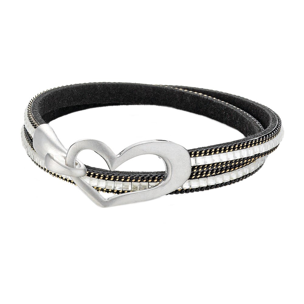 Bratara fashion, din piele negra cu charm inima