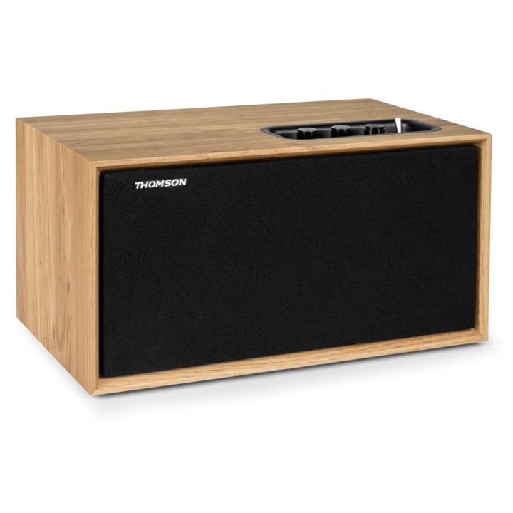 Difuzor activ Thomson WS502 (8TWS502) Bluetooth 5.0, 100 W, USB/RCA/AUX, iesire subwoofer, panou frontal detasabil, cu telecomanda, lemn/negru, 29 x 17 x 15 cm
