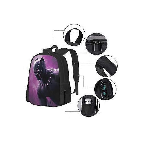 Rucsac casual din Oxford 600D (poliester) cu imprimeu 3D Black Panther, compartiment pentru laptop 15 inch, rezistent la stropire, negru/mov