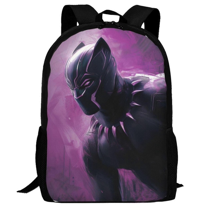 Rucsac casual din Oxford 600D (poliester) cu imprimeu 3D Black Panther, compartiment pentru laptop 15 inch, rezistent la stropire, negru/mov