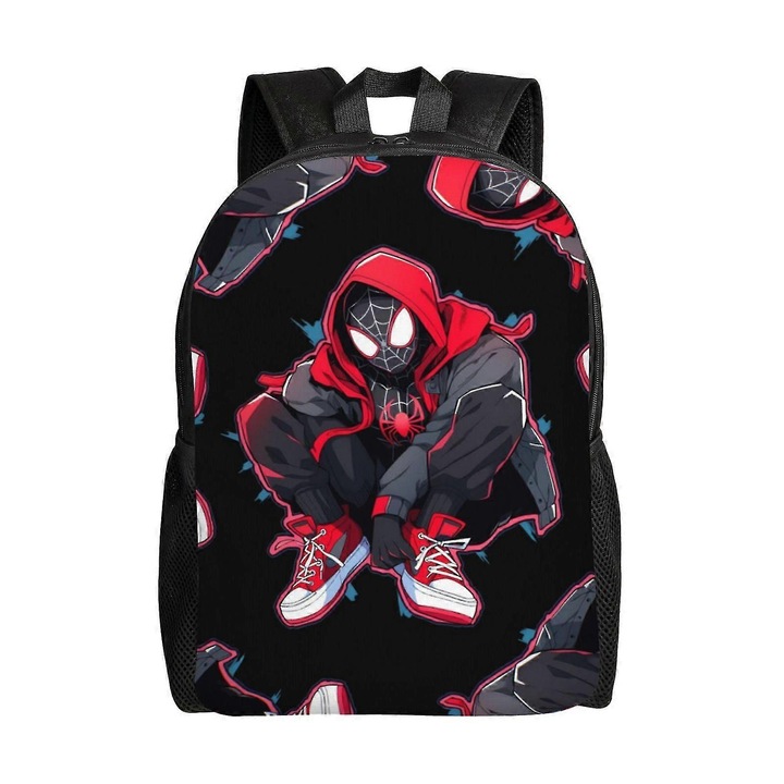 Rucsac pentru laptop din Oxford 600D rezistent la apa, cu print Miles Morales, negru/rosu, pentru laptop 15"
