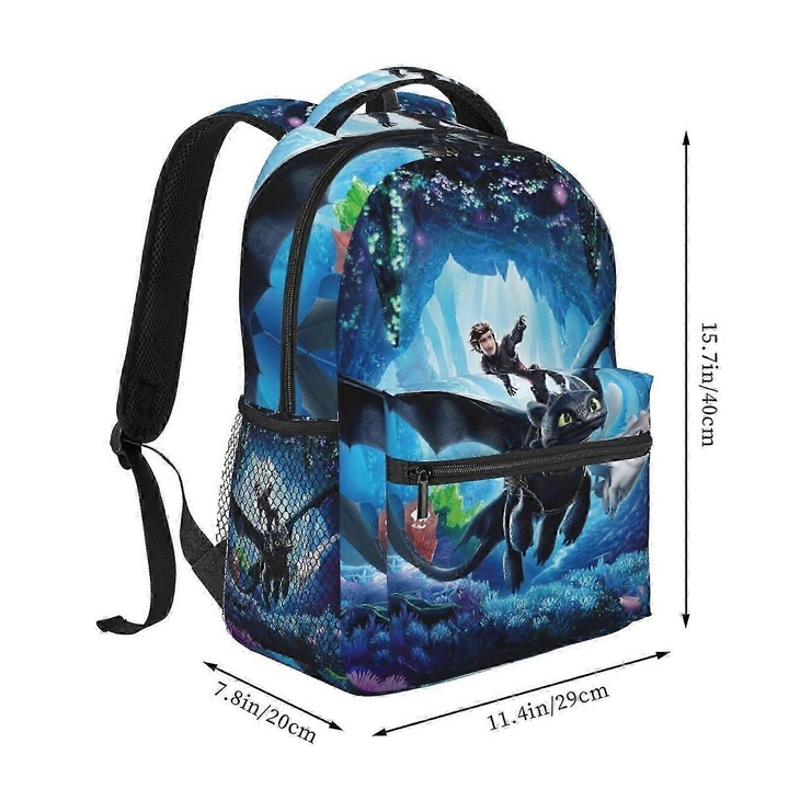 Rucsac laptop din poliester 600D Oxford cu imprimare How to Train Your Dragon, albastru, 40 x 29 x 20 cm, compatibil laptop 15 inch