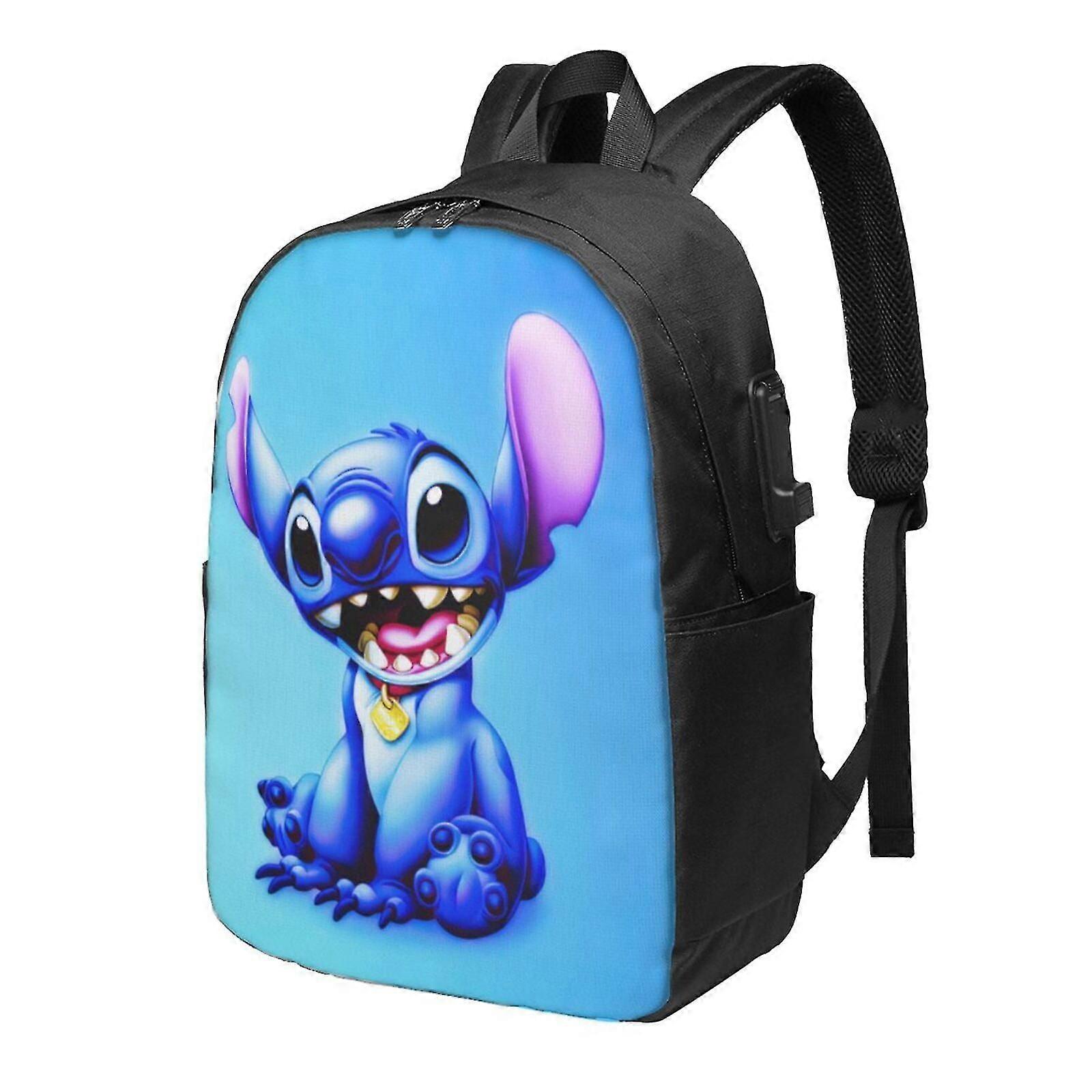Rucsac in Oxford 600D (poliester) cu port de incarcare USB si imprimeu Stitch, compartiment pentru laptop pana la 16 inch, negru/albastru
