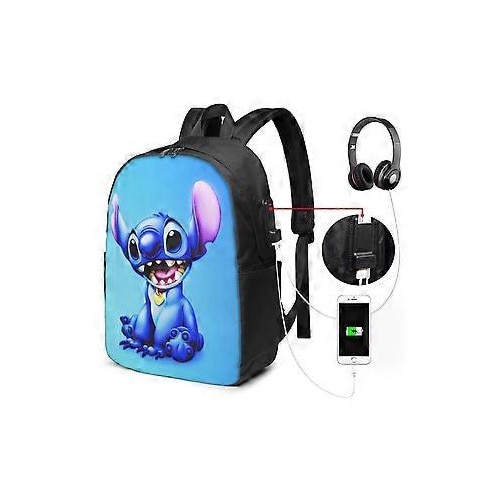Rucsac in Oxford 600D (poliester) cu port de incarcare USB si imprimeu Stitch, compartiment pentru laptop pana la 16 inch, negru/albastru