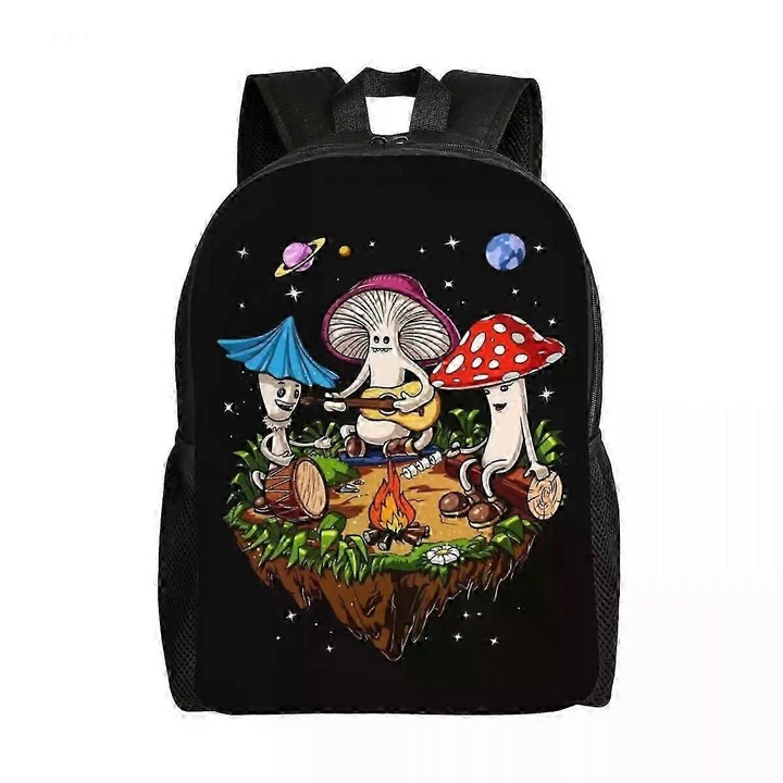 Rucsac din poliester Oxford 600D, imprimeu ciuperci full print, compartiment pentru laptop 15", negru