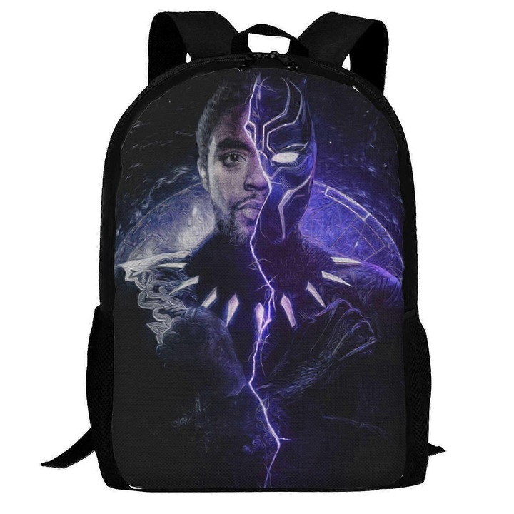 Rucsac din Oxford 600D, print 3D Black Panther tk1426, compartiment pentru laptop 15'', rezistent la stropire, negru/violet