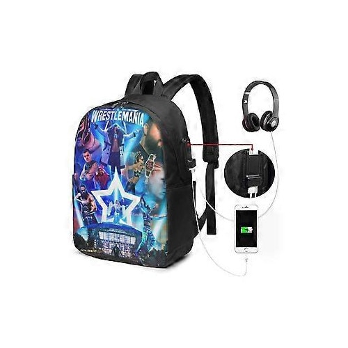 Rucsac din Oxford 600D cu port de incarcare USB, imprimeu Wrestlemania multicolor, pentru laptop 15"