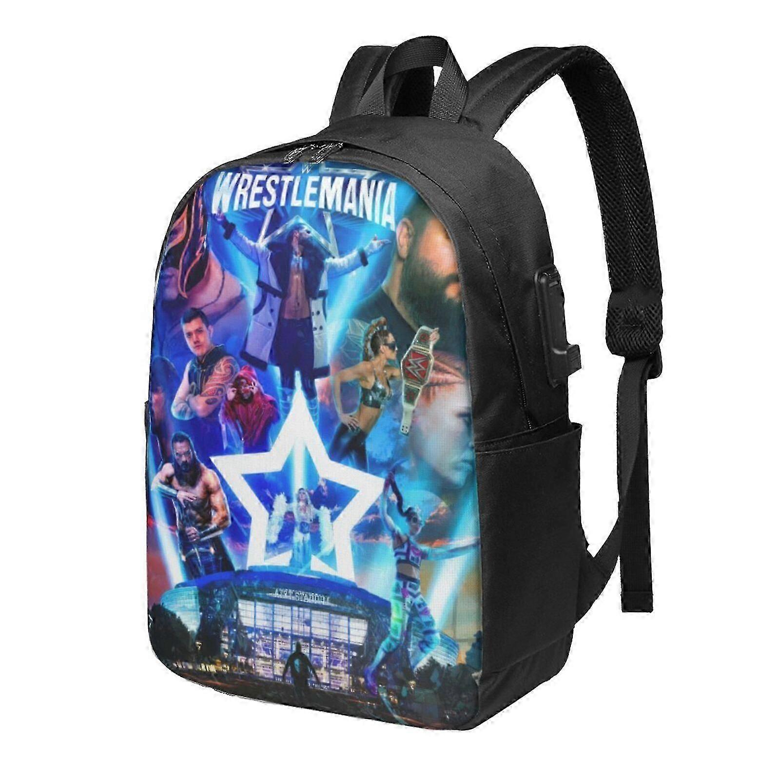 Rucsac din Oxford 600D cu port de incarcare USB, imprimeu Wrestlemania multicolor, pentru laptop 15"