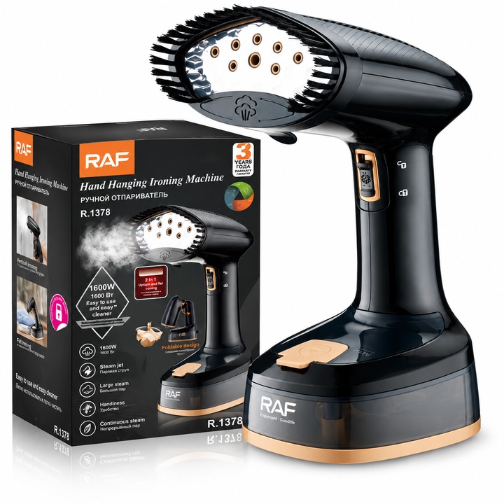 Aparat de calcat vertical cu aburi RAF, 1600W, Design pliabil, Incalzire Rapida, Abur continuu, Negru cu Auriu