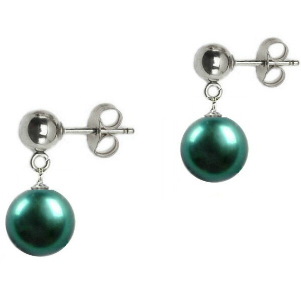 Cercei de Aur Alb cu Perla Naturala Verde Smarald