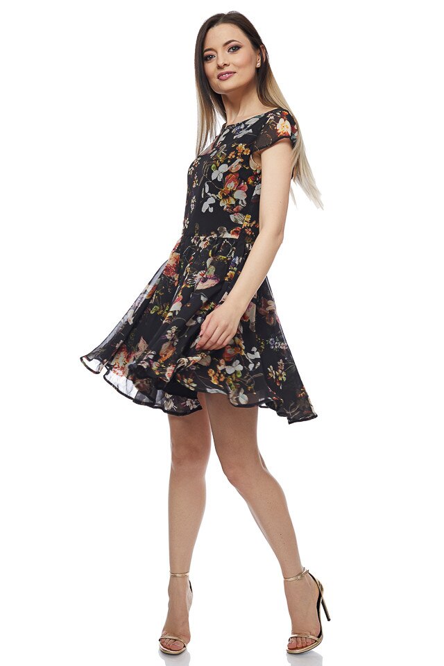 Rochie feminina din voal imprimat negru, Negru