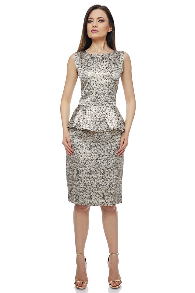 Rochie jaquard cu peplum auriu sarpe, Auriu