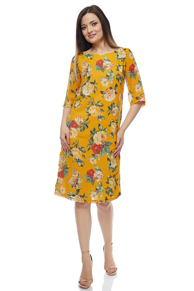 Rochie din voal imprimat flori, Galben