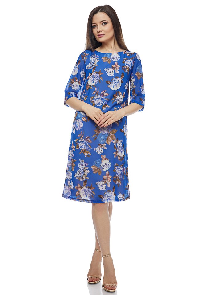 Rochie din voal imprimat flori, Albastru