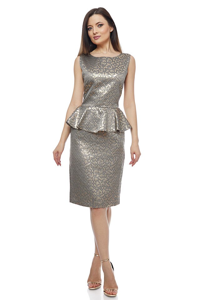 Rochie jaquard cu peplum auriu/negru, Auriu, L
