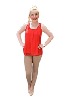 Bluza din voal cu insertie de dantela jos, D&J Exclusive, Rosu Bluza din voal cu insertie de dantela jos, D&J Exclusive, Rosu