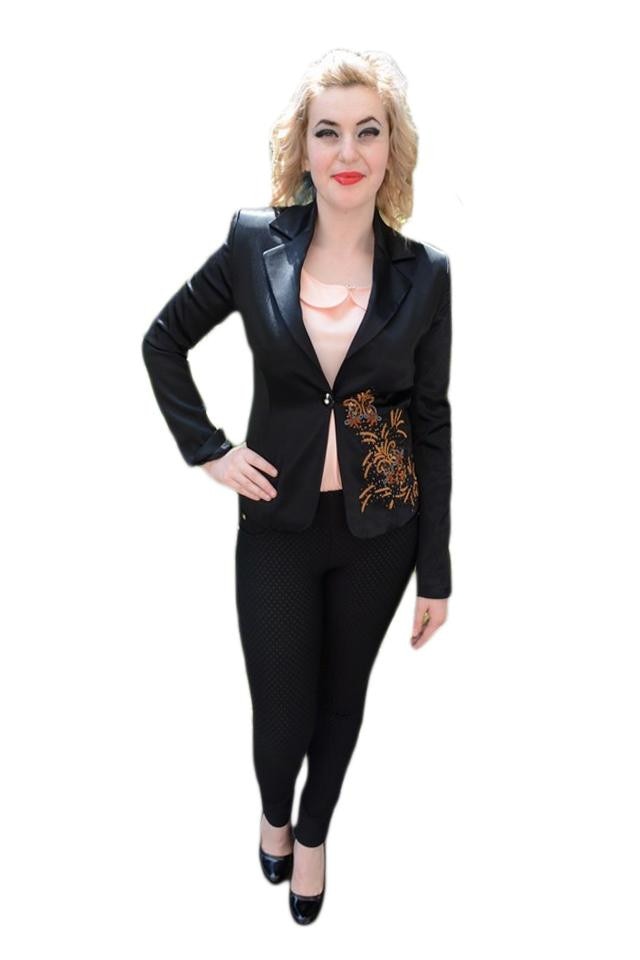 Sacou elegant, material satinat, insertii din margele, D&J Exclusive, Negru, 36