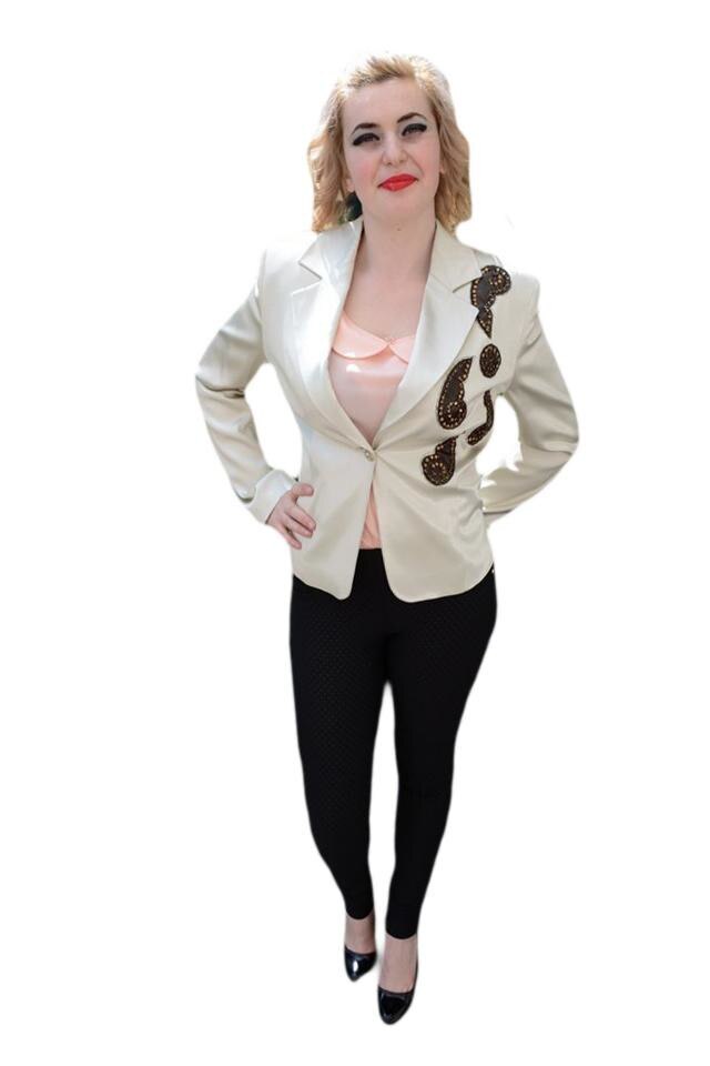 Sacou casual,insertii din piele ecologica, D&J Exclusive, Alb fildes