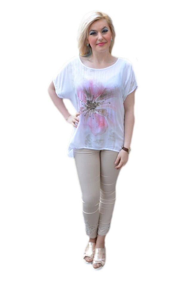 Bluza cu model floral decorata cu pietre, D&J Exclusive, Alb/Roz