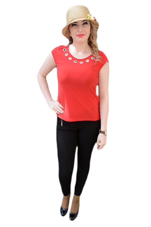 Bluza din material elastic, cu insertii argintii, D&J Exclusive, Rosu