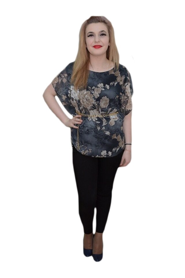 Bluza casual de vara cu model de flori mari, D&J Exclusive, Gri