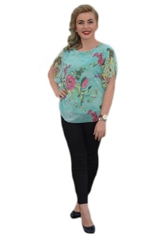 Bluza casual de vara cu model de flori mari, D&J Exclusive, Turcoaz