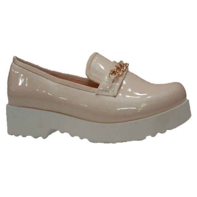 Pantofi cu varf rotund si aspect lucios, D&J Exclusive, Crem