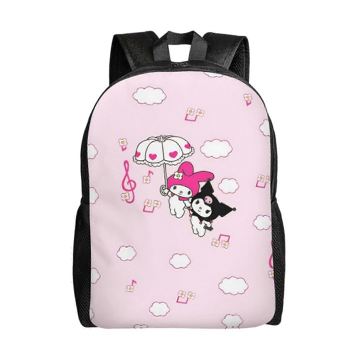 Rucsac scolar din poliester 600D cu print Kuromi, roz, compartiment pentru laptop 15 inch
