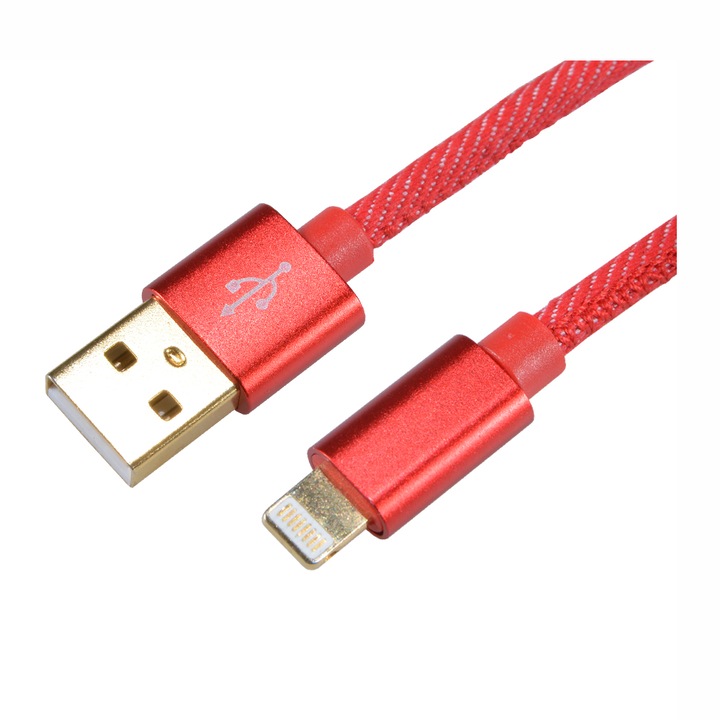 Adat/töltő kábel iPhone, iPod, iPad, 1M, piros textil