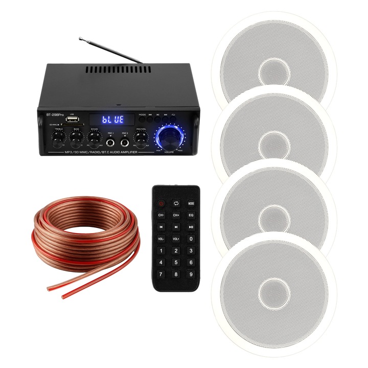 Set de sonorizare in tavan MusicMate MM-SN400 AeroAcoustics (ZN-03), amplificator cu Bluetooth/USB/microSD si radio FM, 4 x difuzoare in tavan 40W 8Ω, cablu 20 m, multicolor