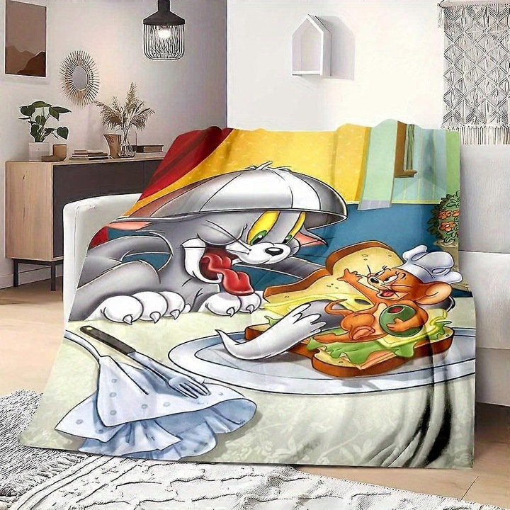 Одеяло от фланел Tom and Jerry, едностранен печат по цялата ширина, против натрупване на власинки, супер меко, многоцветно