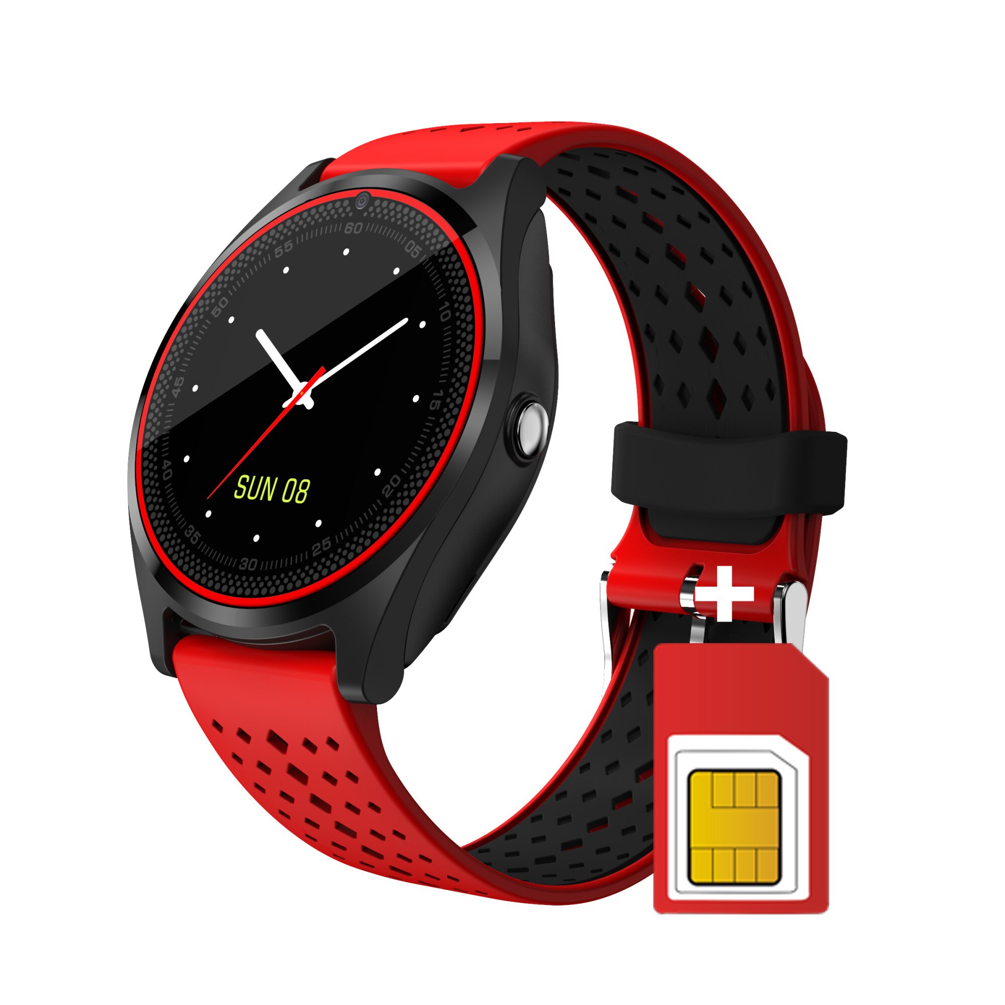 Ceas smartwatch TechONE™ V9, sim, 1.22 inch HD, camera foto, notificari, FB, Whatsup, pedometru, anti-lost, rosu, pachet bundle (Ceas + SIM)