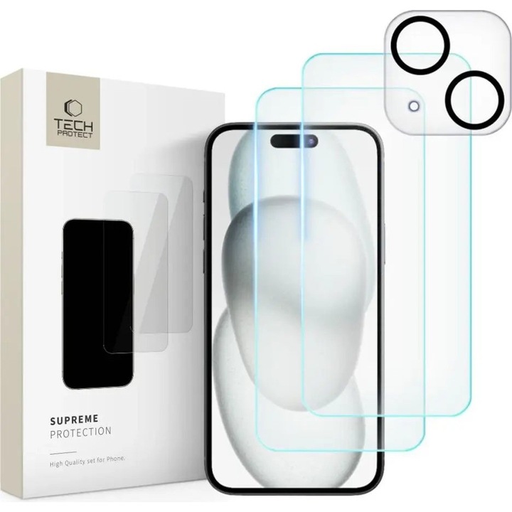 Set protectie sticla temperata Tech-Protect Supreme pentru iPhone 15, 9H, oleofobic, 2 x sticla display + 1 x sticla camera, transparent, 144x69 mm, cod 23677-0