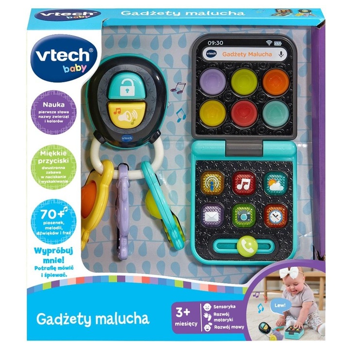 Интерактивна играчка VTech Gadzety Malucha 802894, комплект с ключове и сгъваем телефон, звуци и мелодии (над 70), многоцветен, 3+ месеца